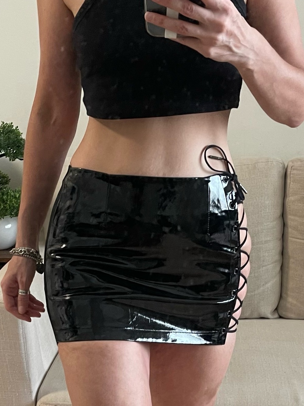 Black Patent Mini Skirt with Side Lace-Up Detail